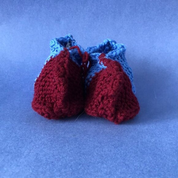 Vintage Handmade Knitted Burgundy Blue Children’s Slipper Booties