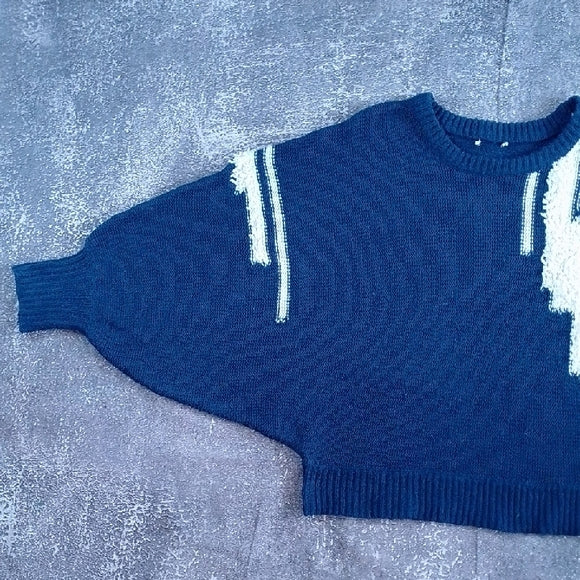 VINTAGE BIG PUFFY ARMS Navy Blue Sweater with White Accents