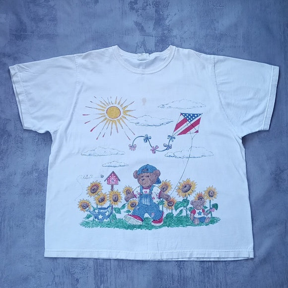 VINTAGE 90s Teddy Bear Flying Kite Big Print Double Sided T-Shirt
