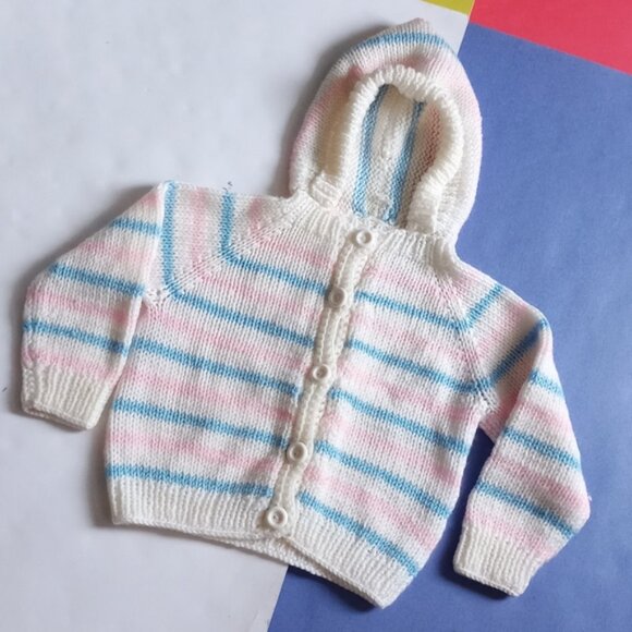 Vintage Youth Handmade Bubble Gum Striped Crocheted Cardigan Sweater SIZE: S
