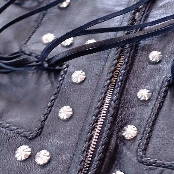 VINTAGE GENUINE LEATHER Black Leather Vest with Fringe and Studs