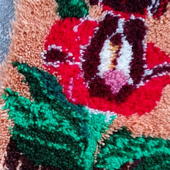Vintage 70s Latch Hook Rug Floral Tapestry Wall Hanging with Tassels