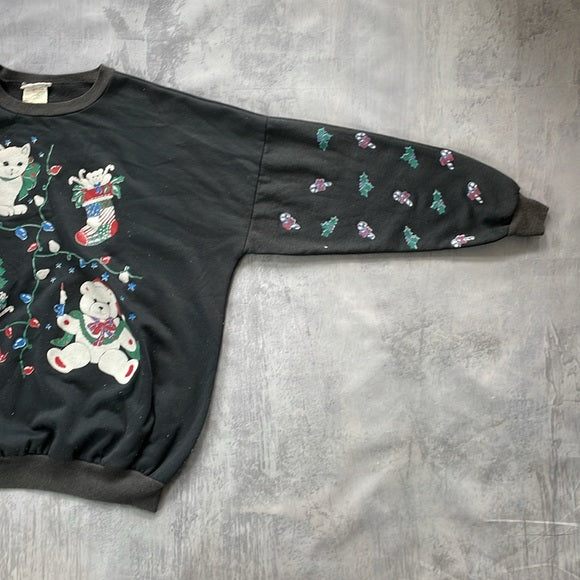 Vintage Ugly Christmas Sweater With Cat and Teddy Bear UNISEX