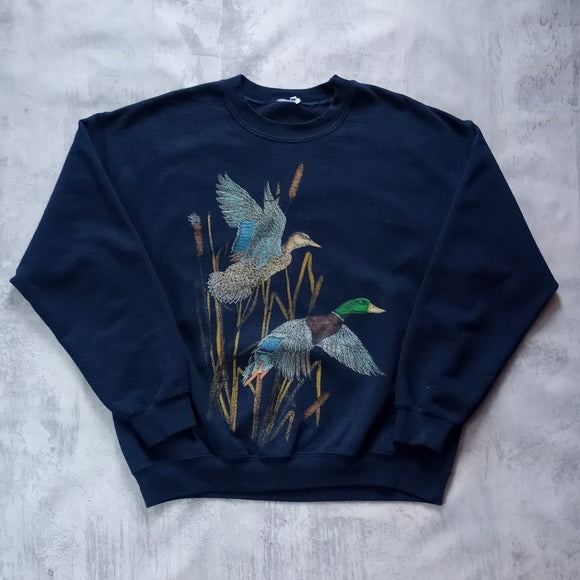 Vintage 90s Flying Ducks Big Print All Over Crewneck Sweater