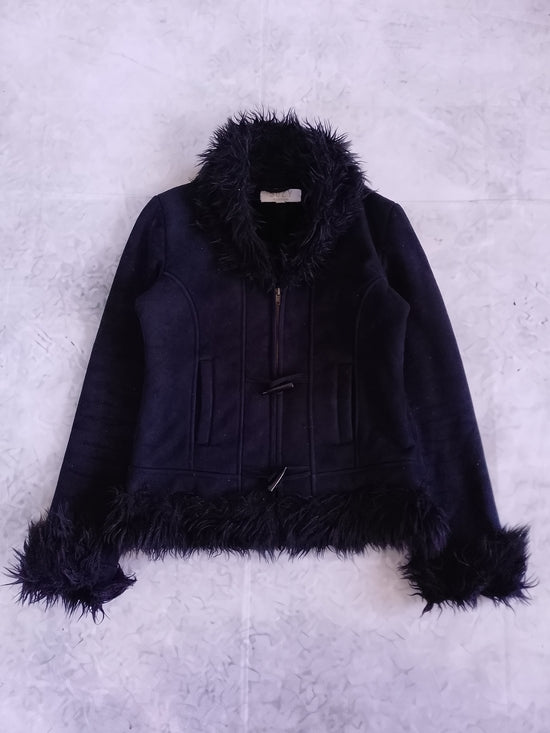 Y2K Style Women's Faux-Fur Trim Dark Black Jacket SUZY SHIER