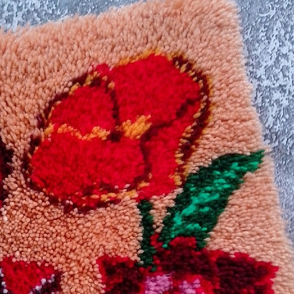 Vintage 70s Latch Hook Rug Floral Tapestry Wall Hanging with Tassels
