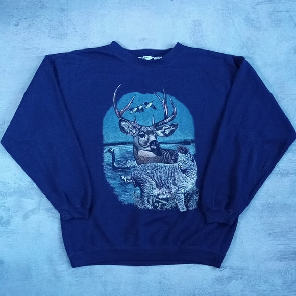 Vintage 90s Champions Choice Wildlife Deer & Cat Crewneck Sweater UNISEX