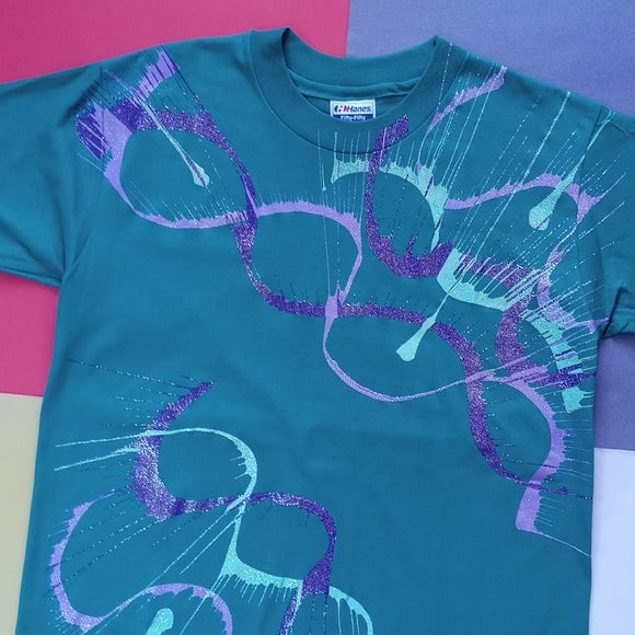 Vintage 90s Abstract Paint Design Glitter Single Stitch T-Shirt Unisex Big Print