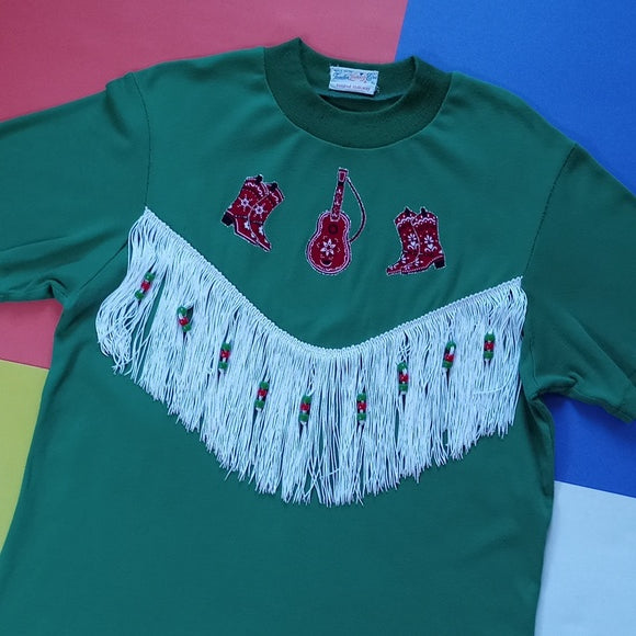 Vintage Western Cowboy Boots & Guitar Pattern With Fringe T-Shirt UY\NISEX