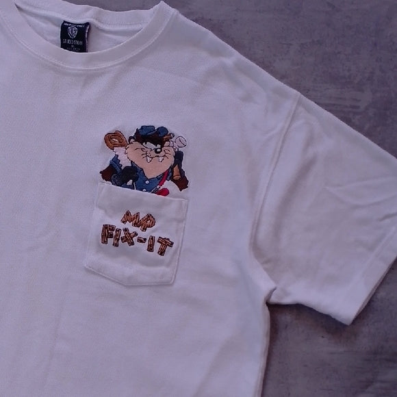 VINTAGE 1997 Handyman TAZ MR. FIX-IT Embroidered Warner Bros T-Shirt
