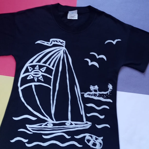 Vintage 90s Sail Board Near Beach Big Print Both Sides T-Shirt