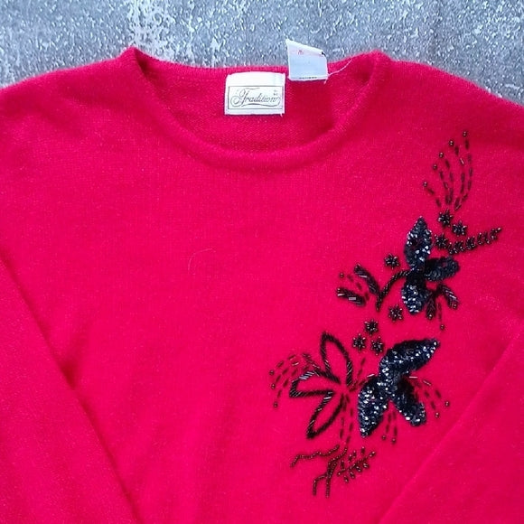 VINTAGE 90s Red Sweater with Beaded Black Floral Design
