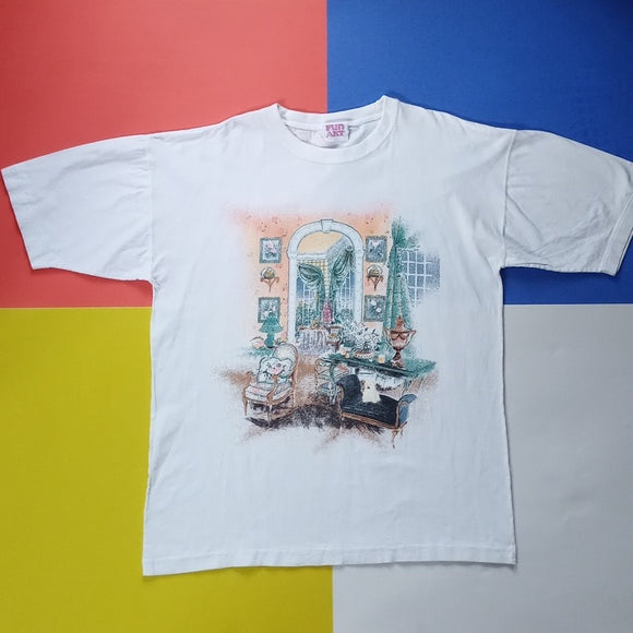 Vintage 1990s Fun Art Living Room With Dog Single Stitch T-Shirt unisex