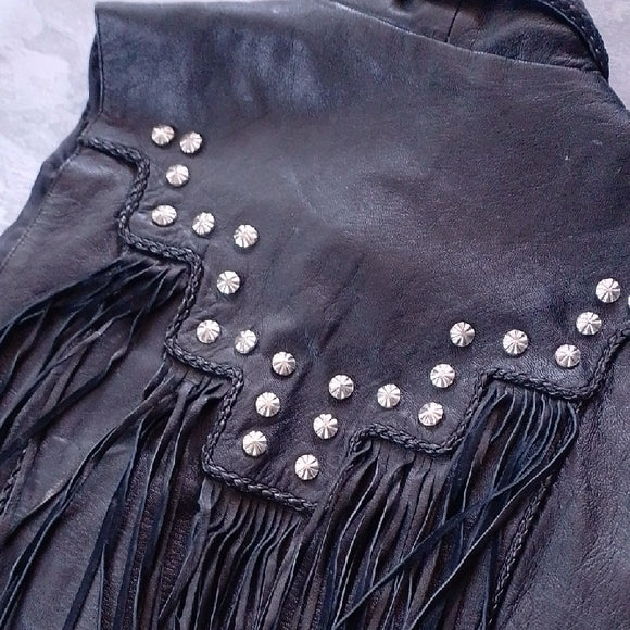 VINTAGE GENUINE LEATHER Black Leather Vest with Fringe and Studs