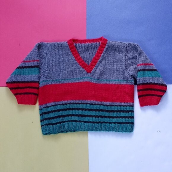Vintage Kids Essential Knitted Striped V-Neck Sweater