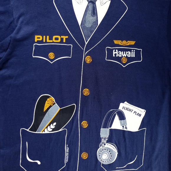 Vintage 1981 Hawaiian Pilot Uniform Tie Flight Plane Airline Costume T-Shirt