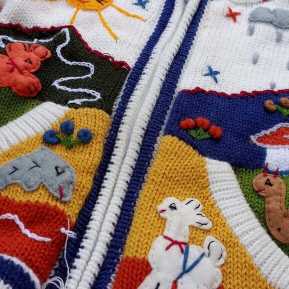 Vintage Handmade Animals & Friends Knitted Zip-Up Sweater