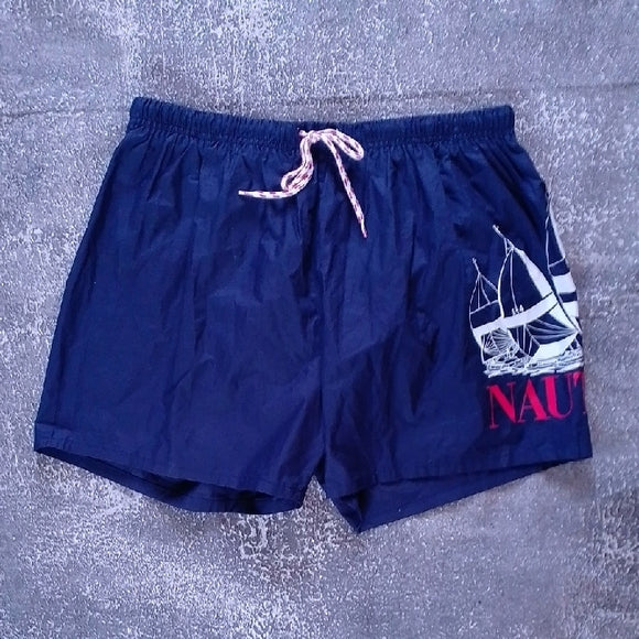 Vintage 90s Nautica Dark Blue Swim Shorts with Sailboat Print