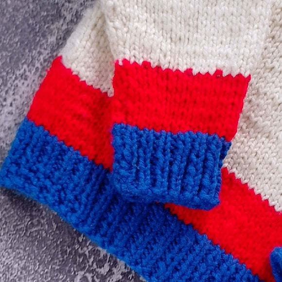VINTAGE 90s Handmade Cream Sweater with Red and Blue Accents