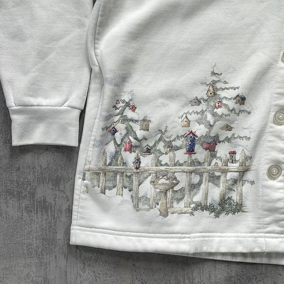 Vintage Northern Reflections Snowfall On Trees With Birdhouses Sweater Button-Up