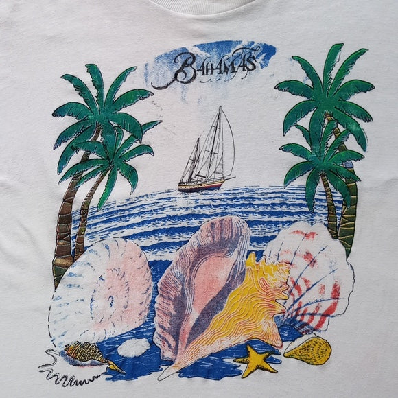Vintage 90s Bahamas Ocean View With Spaceship and Seashells Single Stitch Tee
