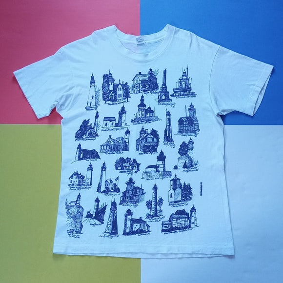 Vintage 90s Lighthouses Forts & Harbours USA Big Print Single Stitch T-Shirt