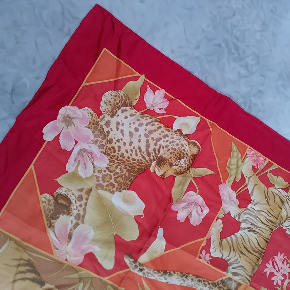 Vintage Salvatore Ferragamo Tiger & Leopard Print Silk Scarf Red Orange Yellow