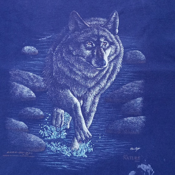 Vintage 90s Wolf Walking Through River Single Stitch T-Shirt Distressed Unisex
