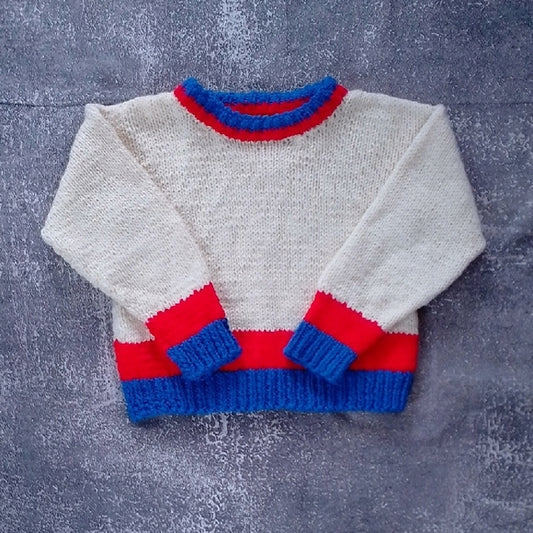 VINTAGE 90s Handmade Cream Sweater with Red and Blue Accents