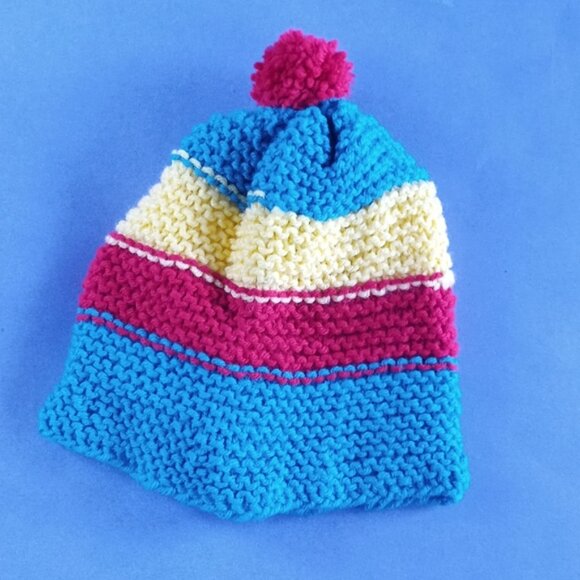 Vintage Hand-Knitted Made-in-Canada Colourful Beanie with Pom Pom