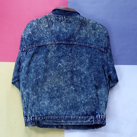 Vintage 80s Fiori Acid Wash Leather Trim Jean Denim Jacket
