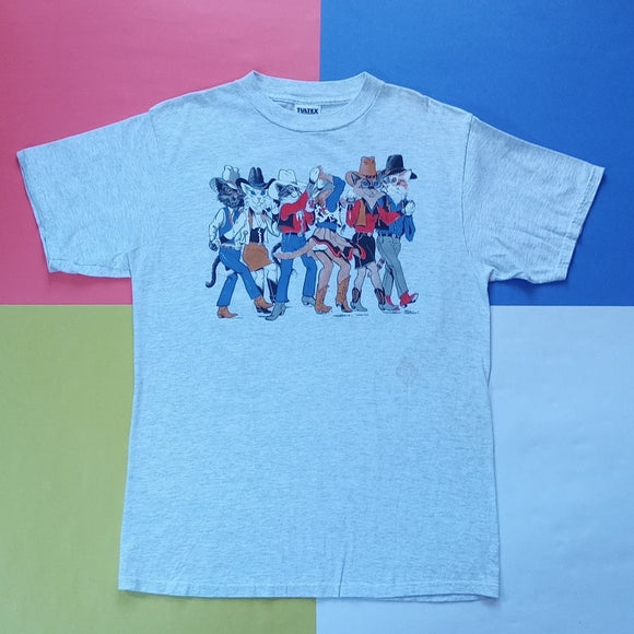 Vintage Cats In Cowboy Attire Western Front & Back Single Stitch T-Shirt