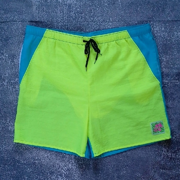 Vintage 90s Men's Neon Green and Blue Swim Shorts