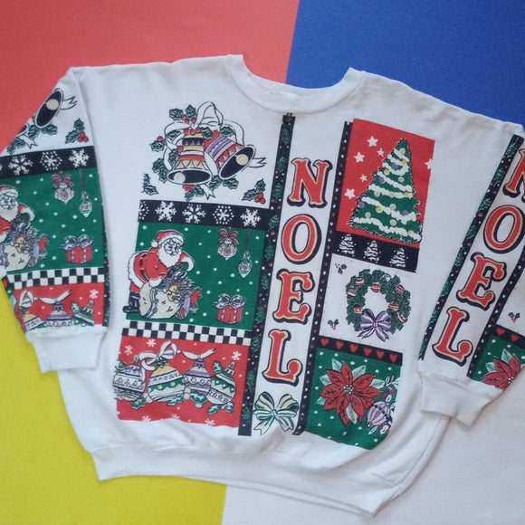 Vintage 90s Christmas NOEL Big Print All Over Crewneck Sweater
