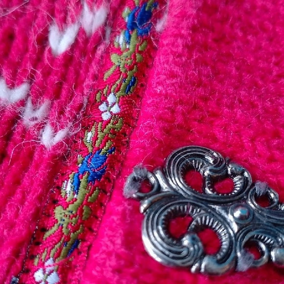 VINTAGE Standard Blues Baby Red Knit Kids Cardigan with White Pattern