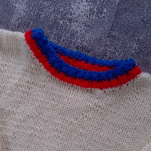 VINTAGE 90s Handmade Cream Sweater with Red and Blue Accents