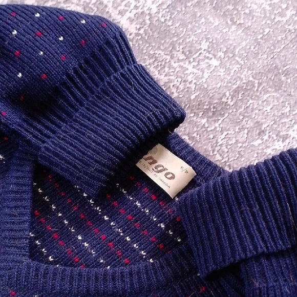 VINTAGE 90s ingo Dotted Navy Blue Wool V-Neck Sweater