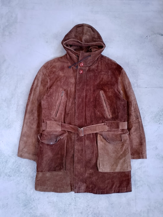 Vintage Brown Suede Hooded Belted Men's Coat BRISSON & BRISSON