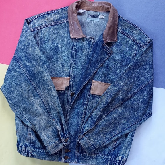 Vintage 80s Fiori Acid Wash Leather Trim Jean Denim Jacket