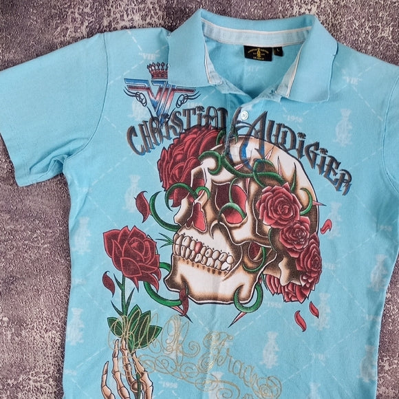 Christian Audigier Blue Graphic Polo Shirt