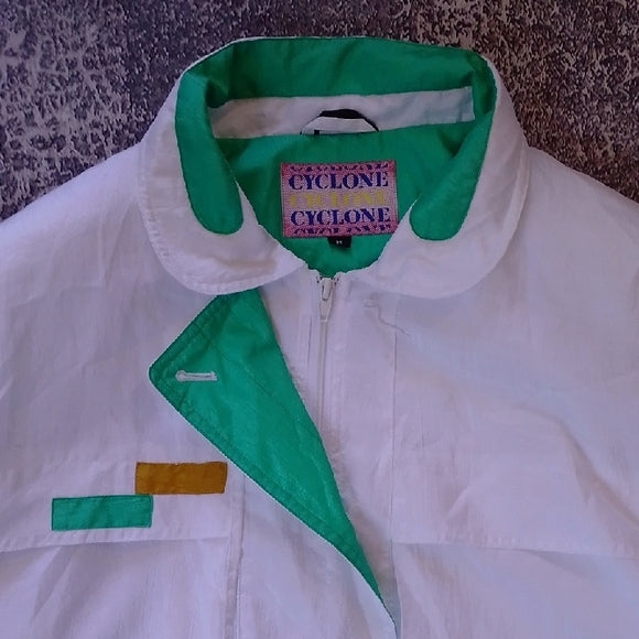Vintage 90s Cyclone White Jacket with Green and Gold Accents