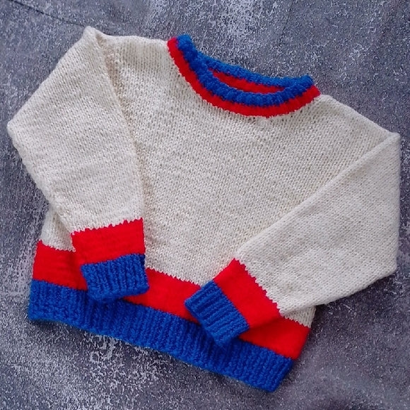 VINTAGE 90s Handmade Cream Sweater with Red and Blue Accents