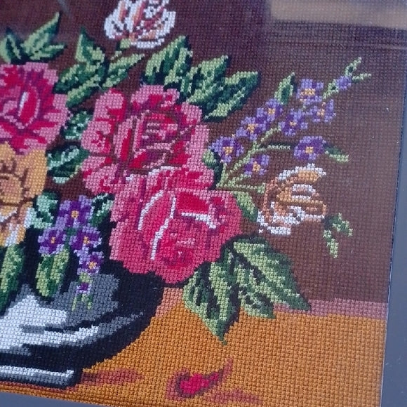 Vintage Floral Needlepoint Art in Frame