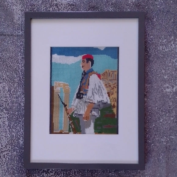 Framed Turkish Soldier Needlepoint Art with Red and Blue Accents