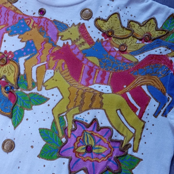 Vintage 1992 KWBL Running Colourful Zebras Graphic Single Stitch T-Shirt