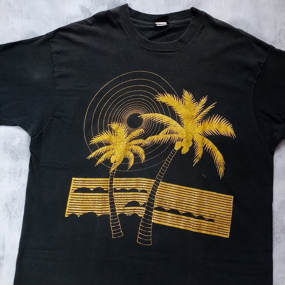 Vintage 90s Diamond Dust tropical Sunset GOLD Graphic Single Stitch T-Shirt