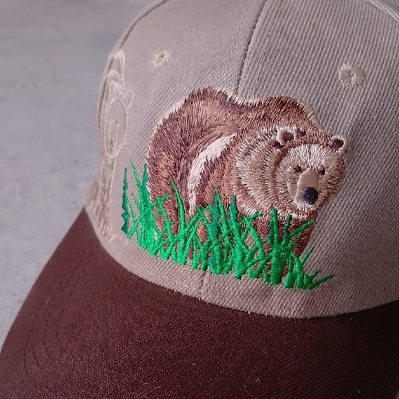 Vintage Bear In Grass Embroidered Cap - Brown and Tan