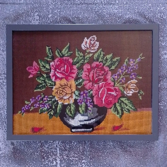 Vintage Floral Needlepoint Art in Frame
