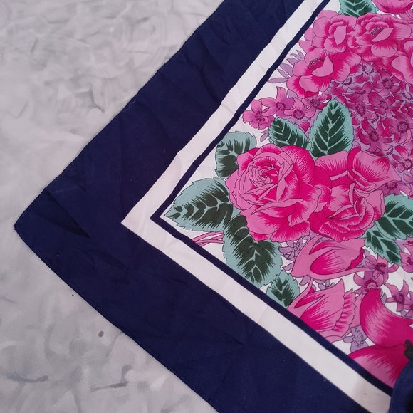 Vintage 70s Abstract Floral Border Stripe Scarf Pink Navy 27” Satin Polyester