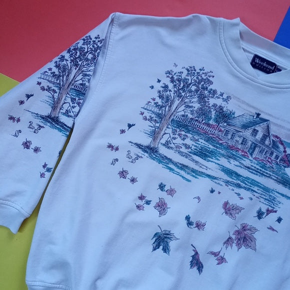 Vintage 90s Cottage with Leaves Print All Over Crewneck Sweater
